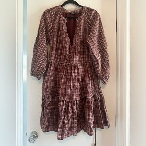 Tiered Plaid Women's Dress in Burgundy
